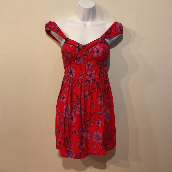 Free People Red Floral Mini Dress Small Boho Convertible Strap Fit & Flare - Picture 2 of 8